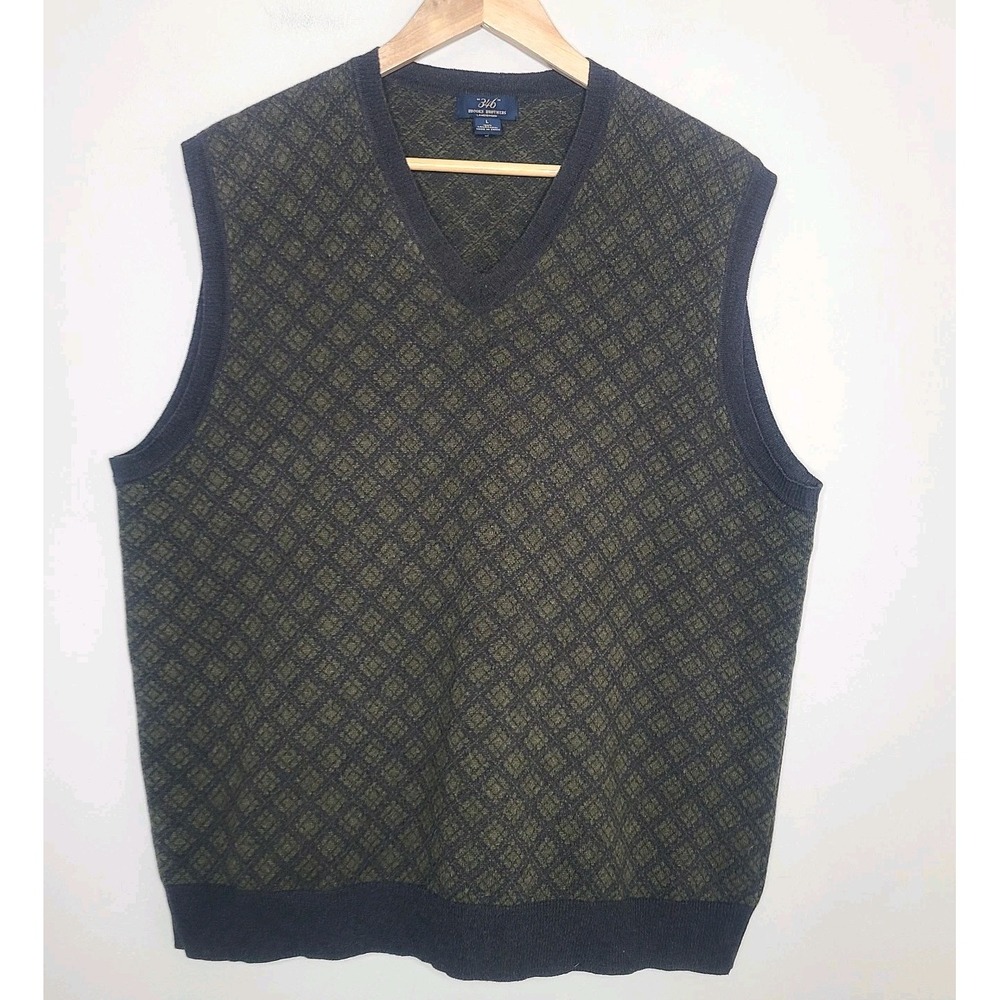 Brooks Brothers 346 V-Neck Sweater Vest 100% Lambs‎ Wool Brown AOP Size Large